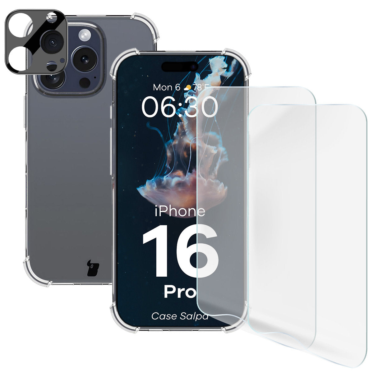 Handyhülle + 2x Folie + Kameraschutz für iPhone 16 Pro, Bizon Case Clear Pack, Transparent