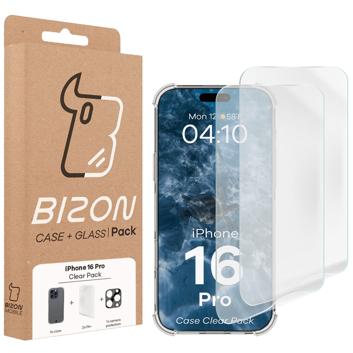 Handyhülle + 2x Folie + Kameraschutz für iPhone 16 Pro, Bizon Case Clear Pack, Transparent