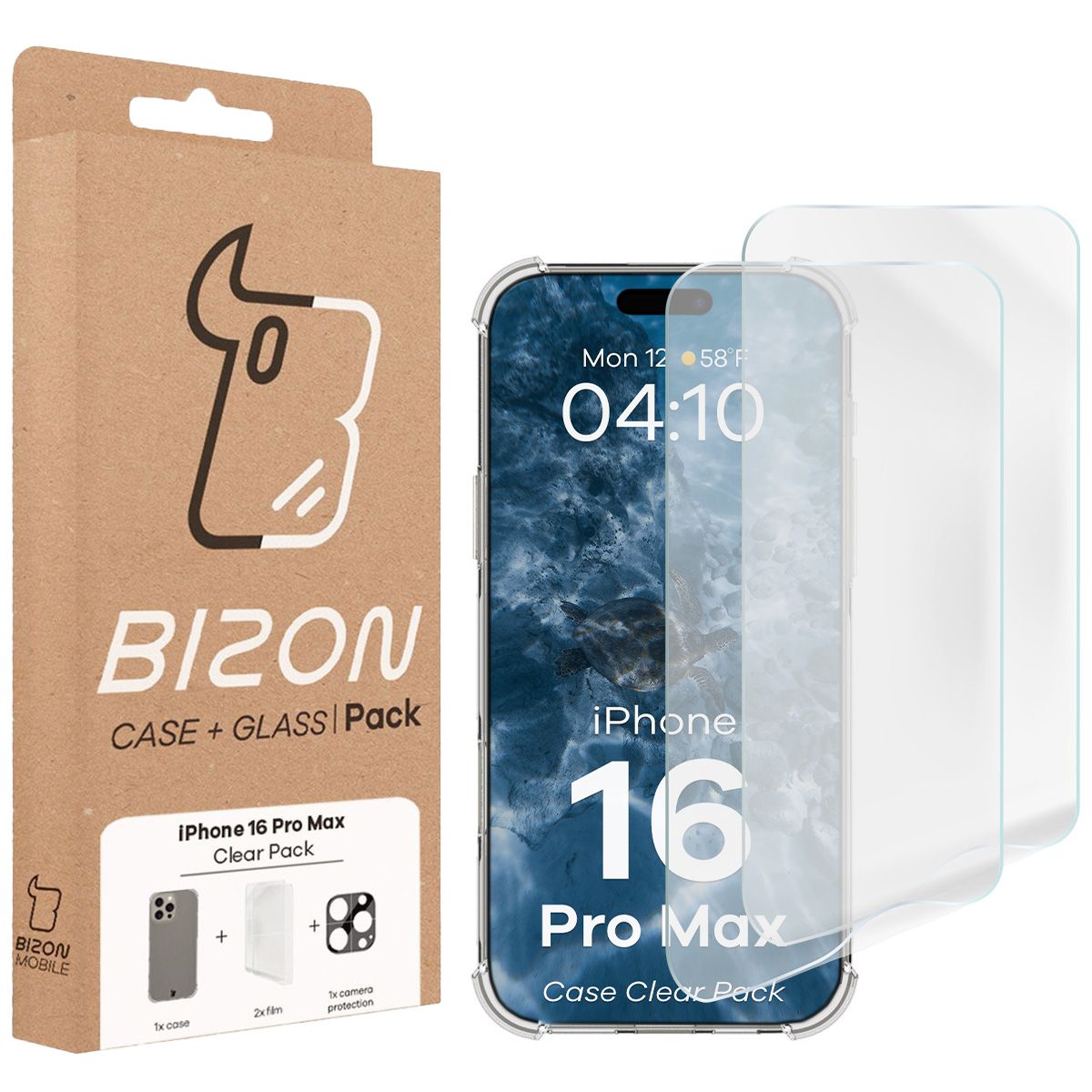 Handyhülle + 2x Folie + Kameraschutz für iPhone 16 Pro Max, Bizon Case Clear Pack, Transparent