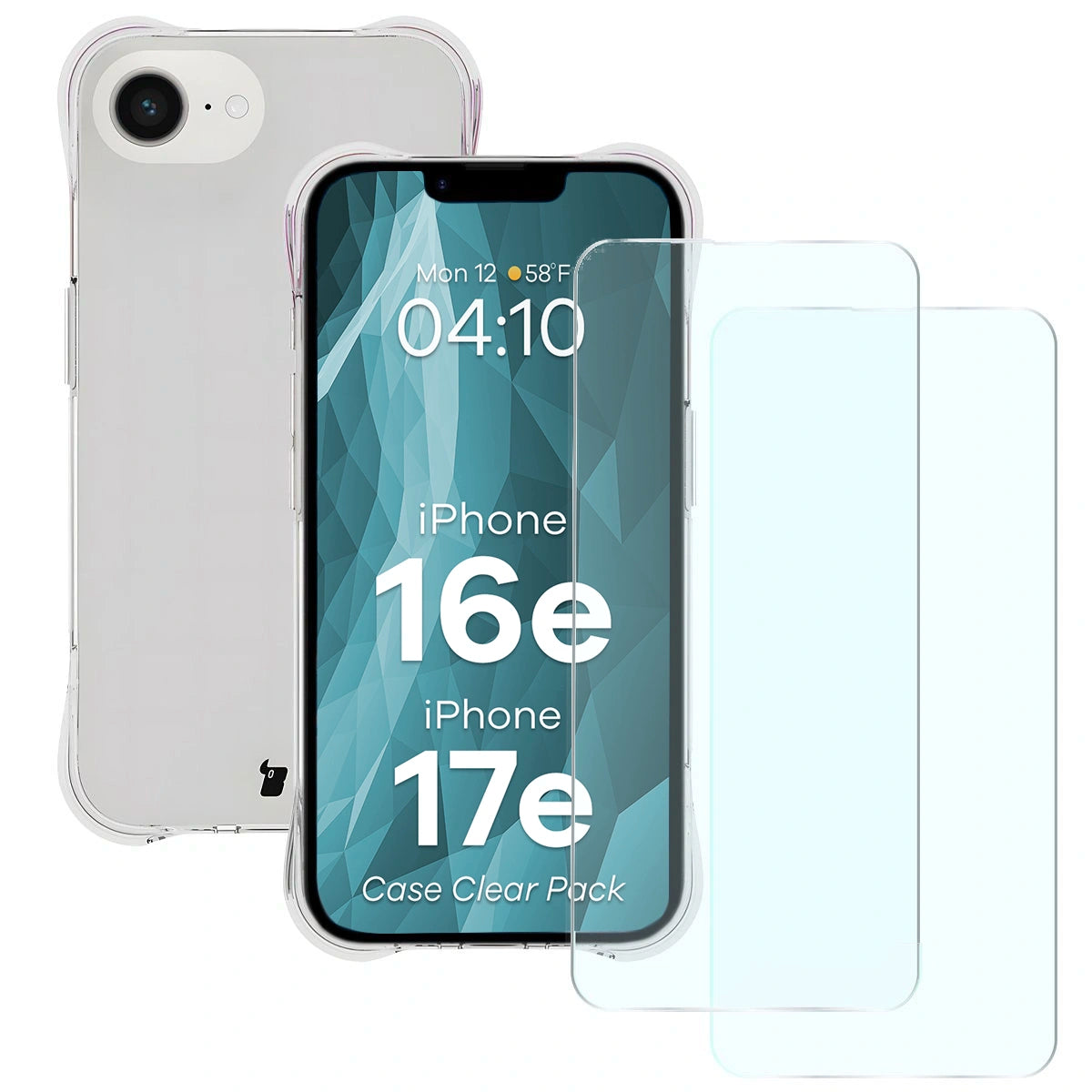 Schutzhülle + 2x gehärtetes Glas für iPhone 17e / 16e, Bizon Case Clear Pack, Transparent