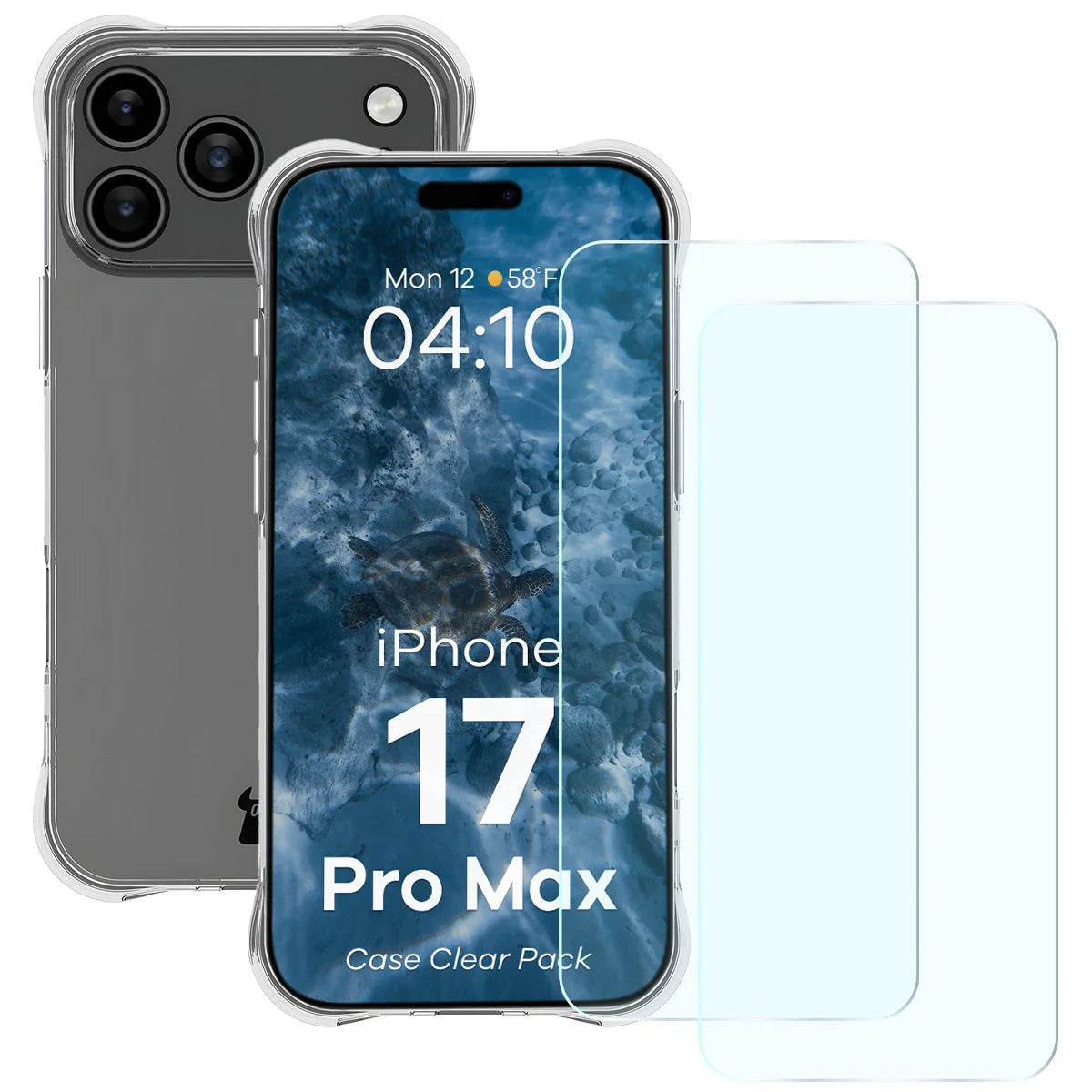 Schutzhülle + 2x gehärtetes Glas für iPhone 17 Pro Max, Bizon Case Clear Pack, Transparent