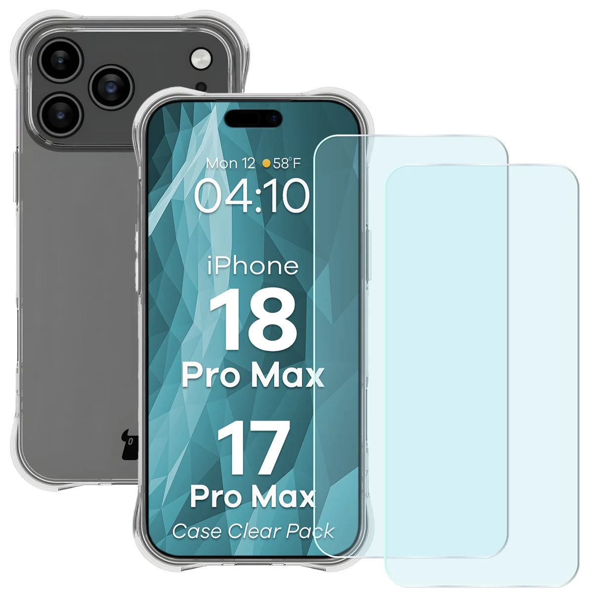 Schutzhülle + 2x gehärtetes Glas für iPhone 18 Pro Max / 17 Pro Max, Bizon Case Clear Pack, Transparent (1/9)