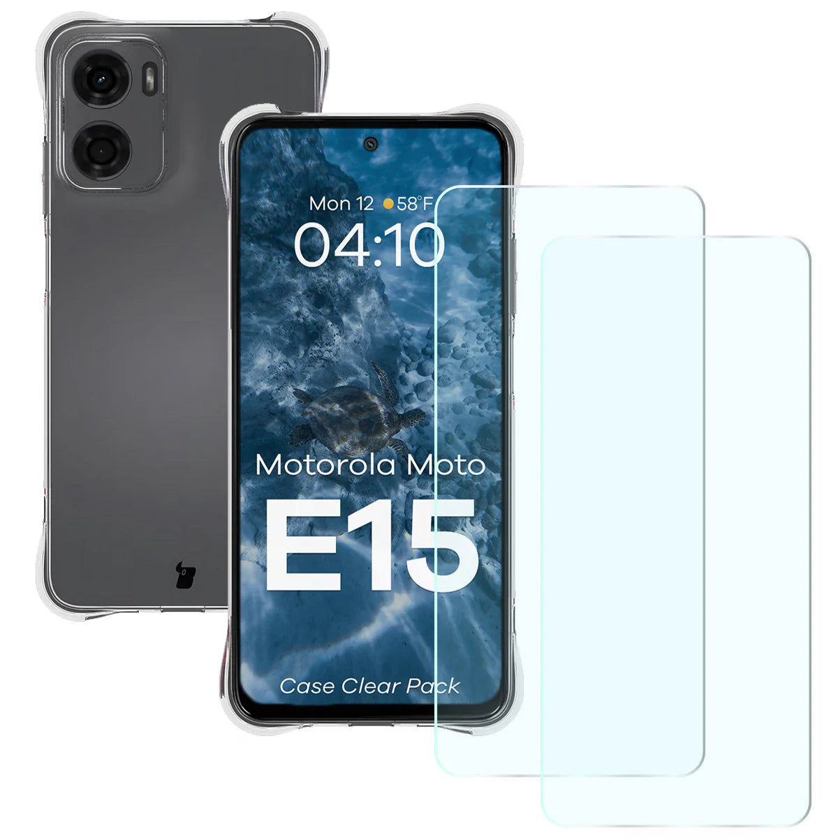 Schutzhülle + 2x gehärtetes Glas für Motorola Moto E15, Bizon Case Clear Pack, Transparent