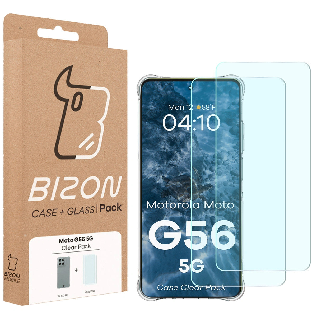 Schutzhülle + 2x gehärtetes Glas für Motorola Moto G56 5G, Bizon Case Clear Pack, Transparent
