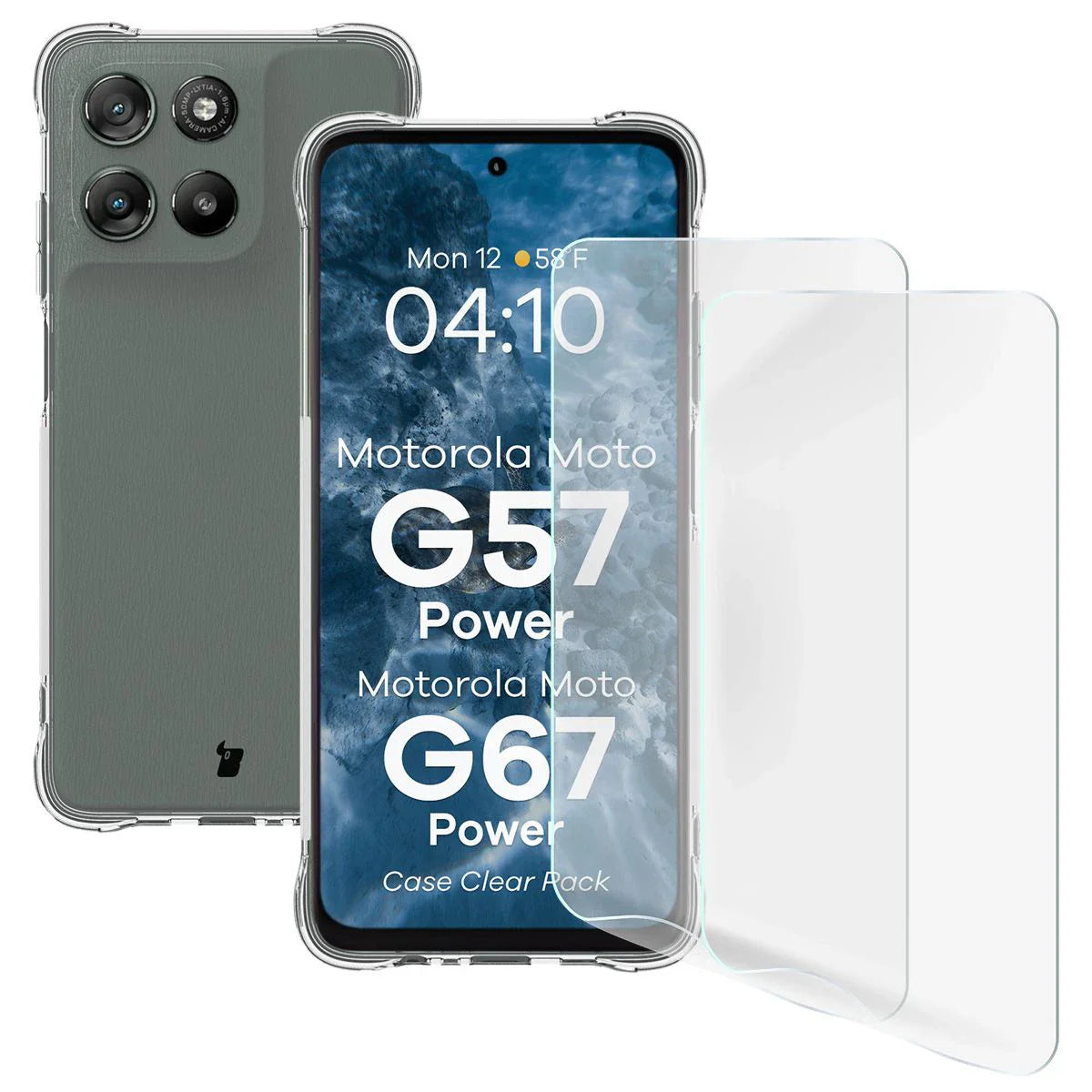 Handyhülle + 2x Folie für Motorola Moto G57 Power / G67 Power, Bizon Case Clear Pack, Transparent