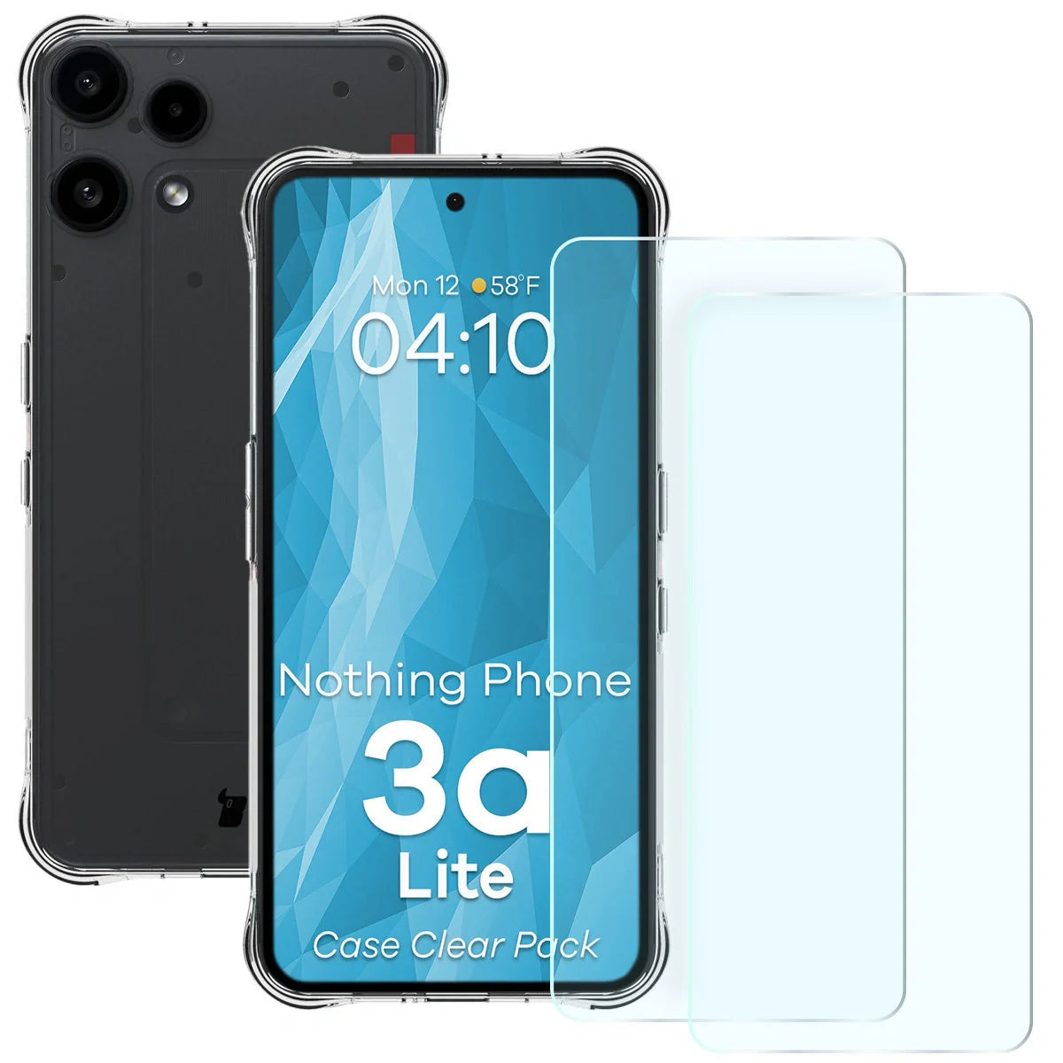Schutzhülle + 2x gehärtetes Glas für Nothing Phone (3a) Lite, Bizon Case Clear Pack, Transparent
