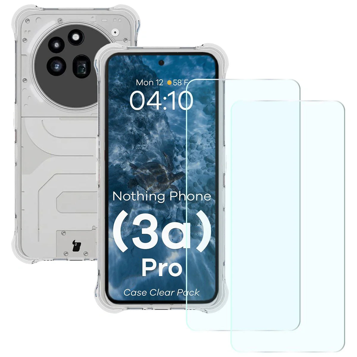 Schutzhülle + 2x gehärtetes Glas für Nothing Phone (3a) Pro, Bizon Case Clear Pack, Transparent
