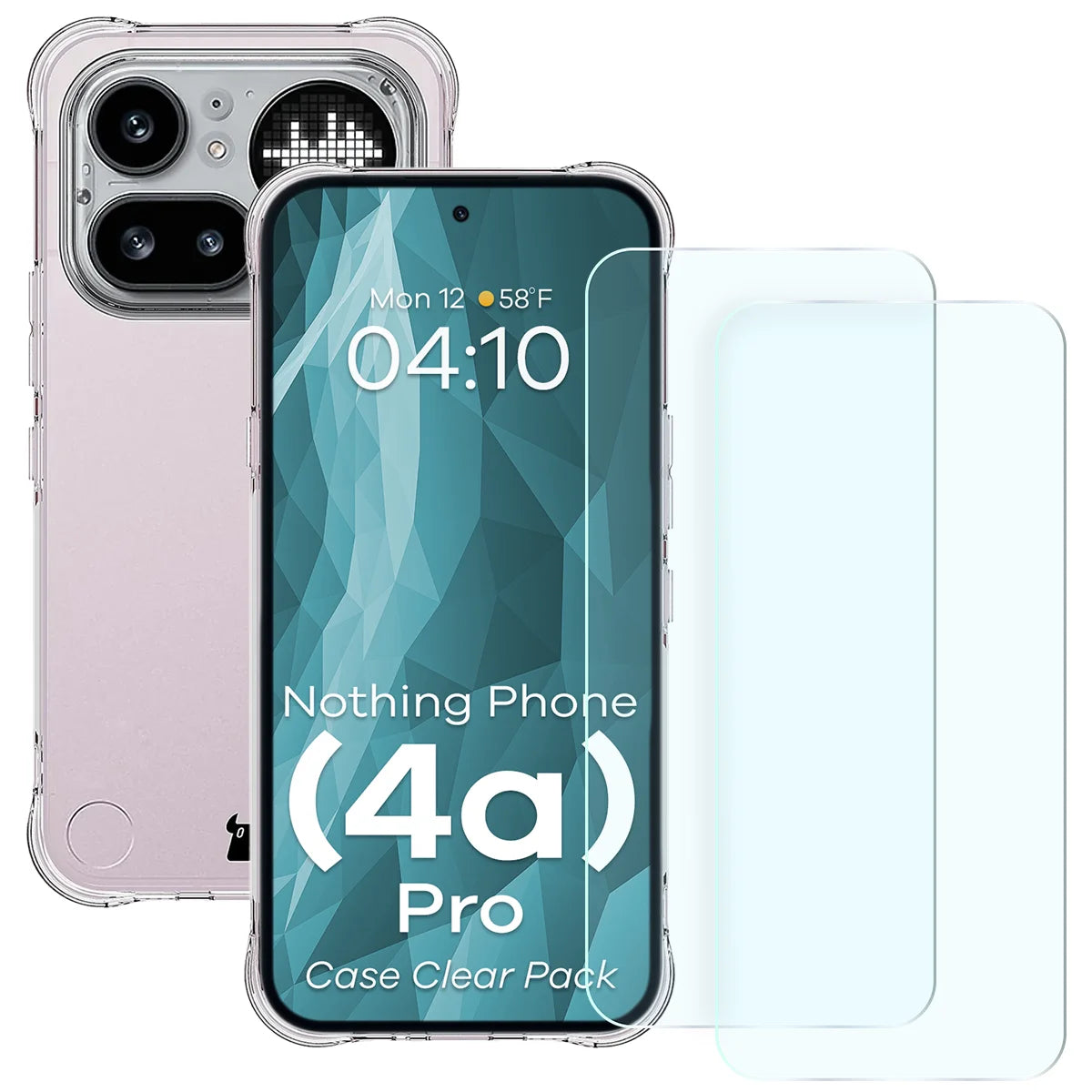 Schutzhülle + 2x gehärtetes Glas für Nothing Phone (4a) Pro, Bizon Case Clear Pack, Transparent