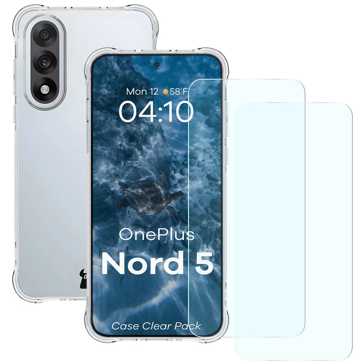Schutzhülle + 2x gehärtetes Glas für OnePlus Nord 5, Bizon Case Clear Pack, Transparent