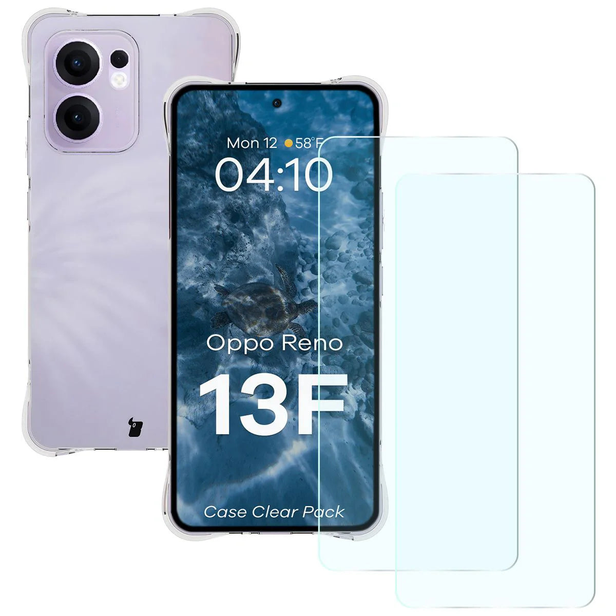 Schutzhülle + 2x gehärtetes Glas für Oppo Reno13 F, Bizon Case Clear Pack, Transparent