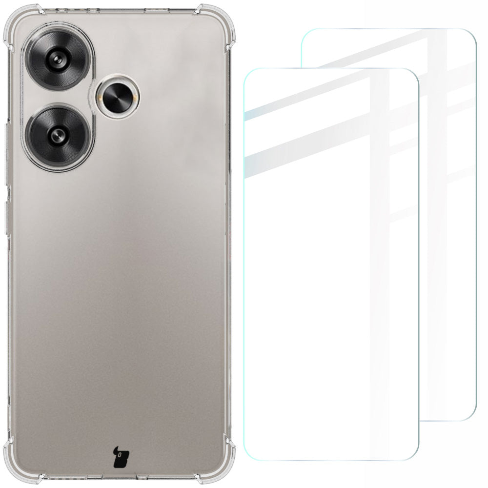 Schutzhülle + 2x gehärtetes Glas für Xiaomi Poco F6, Bizon Case Clear Pack, Transparent