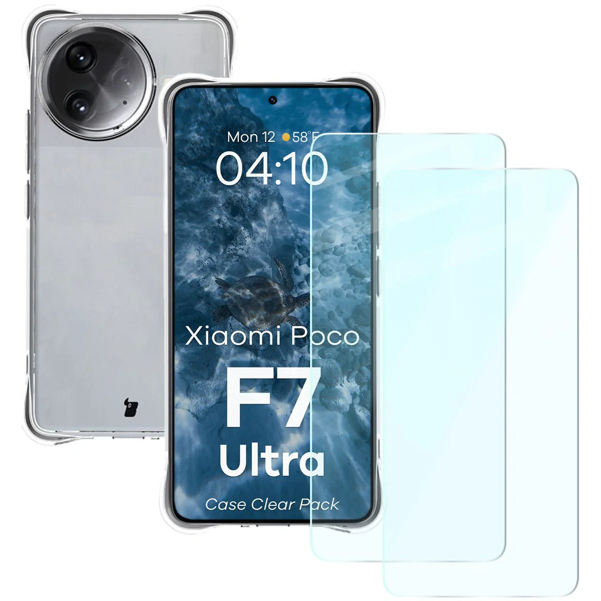 Schutzhülle + 2x gehärtetes Glas für Xiaomi Poco F7 Ultra, Bizon Case Clear Pack, Transparent