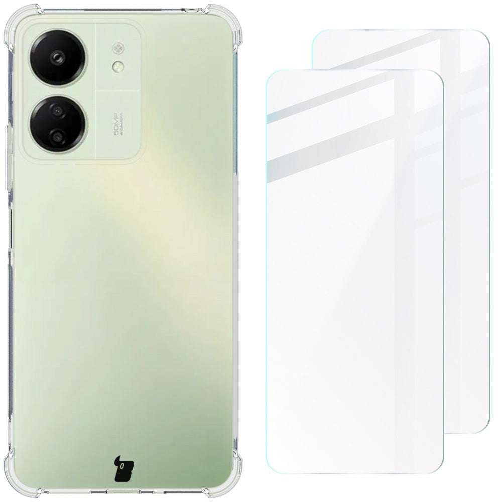 Schutzhülle + 2x gehärtetes Glas für Xiaomi Redmi 13 4G, Bizon Case Clear Pack, Transparent