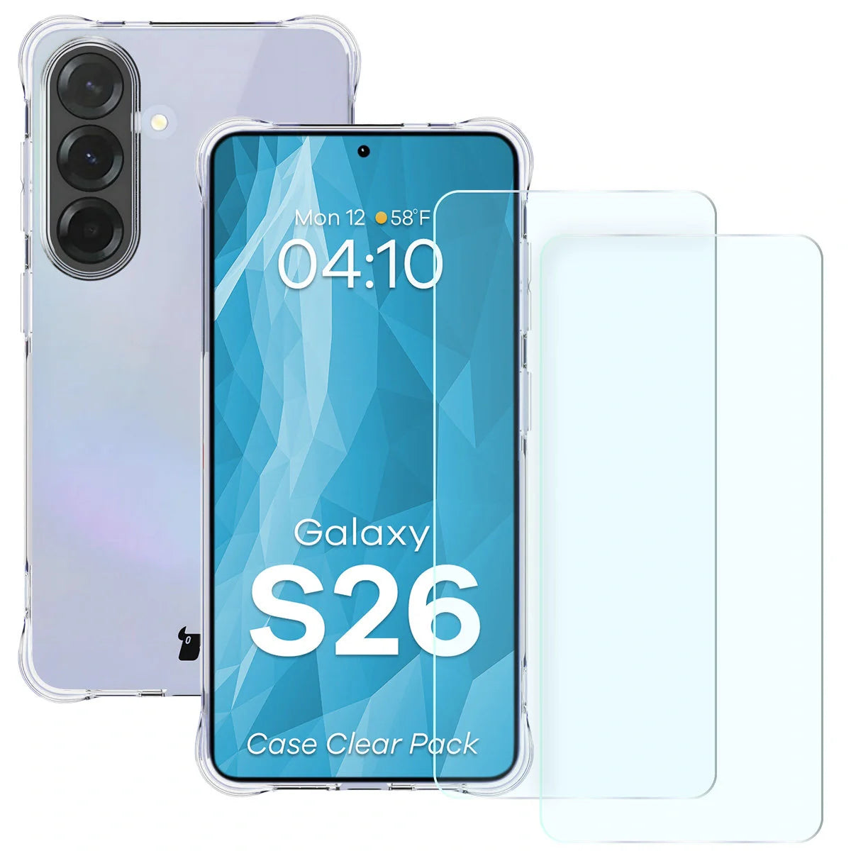 Schutzhülle + 2x gehärtetes Glas für Galaxy S26, Bizon Case Clear Pack, Transparent