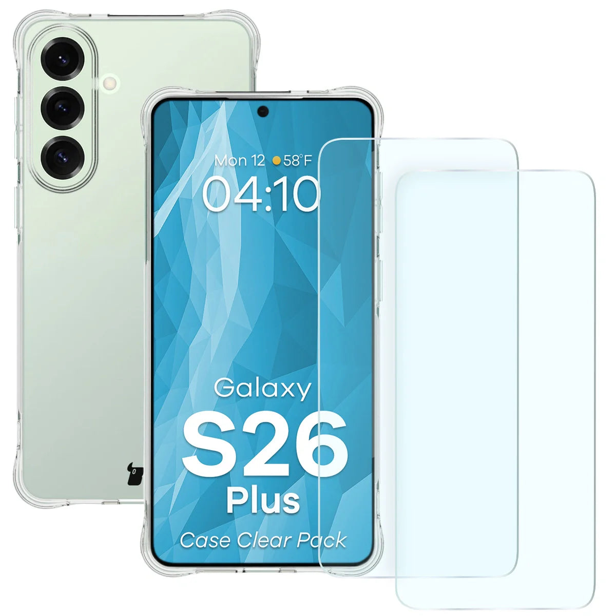 Schutzhülle + 2x gehärtetes Glas für Galaxy S26 Plus, Bizon Case Clear Pack, Transparent