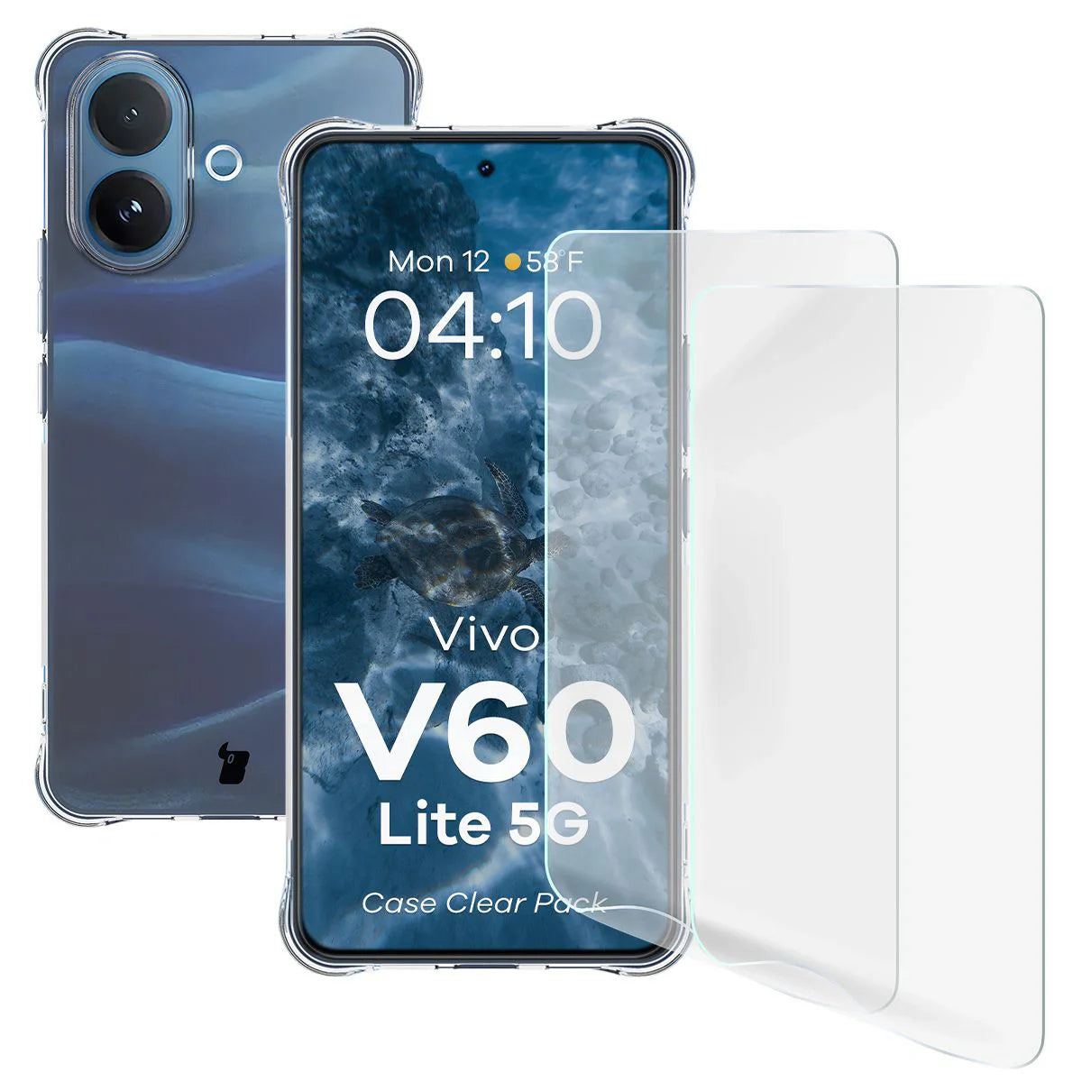 Handyhülle + 2x Folie für Vivo V60 Lite 5G, Bizon Case Clear Pack, Transparent