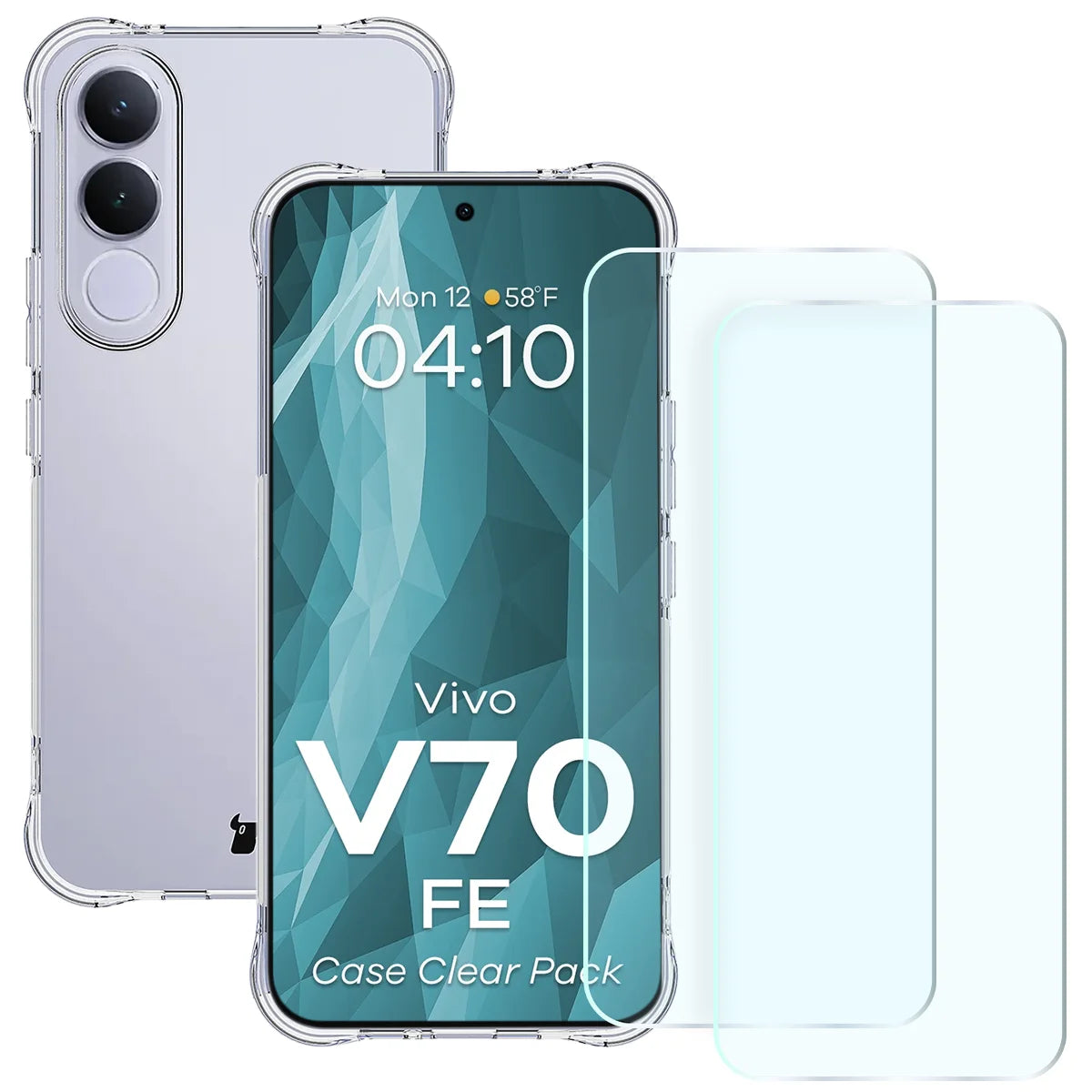 Schutzhülle + 2x gehärtetes Glas für Vivo V70 FE 5G, Bizon Case Clear Pack, Transparent