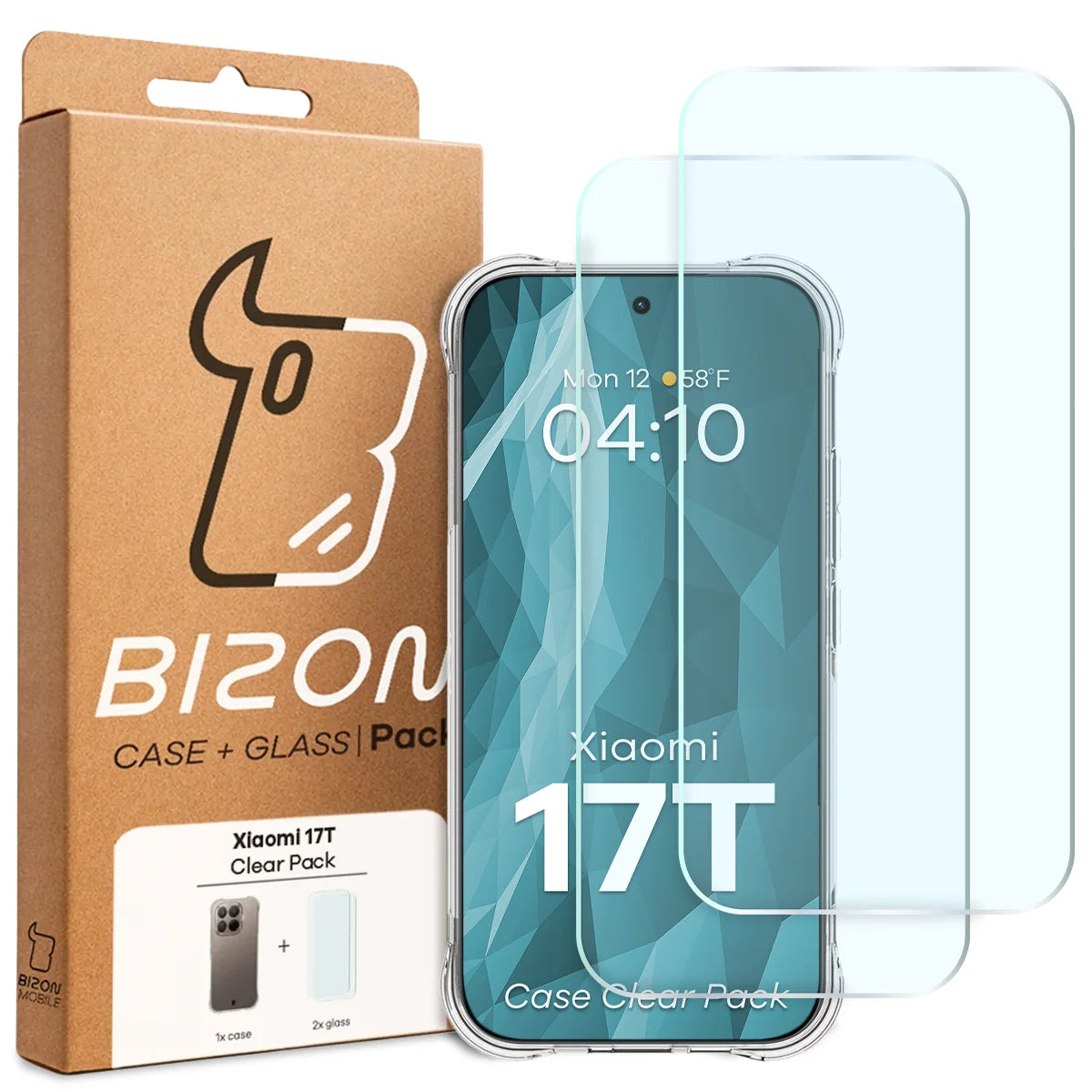 Schutzhülle + 2x gehärtetes Glas für Xiaomi 17T, Bizon Case Clear Pack, Transparent