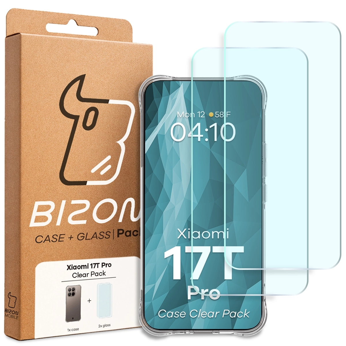 Schutzhülle + 2x gehärtetes Glas für Xiaomi 17T Pro, Bizon Case Clear Pack, Transparent