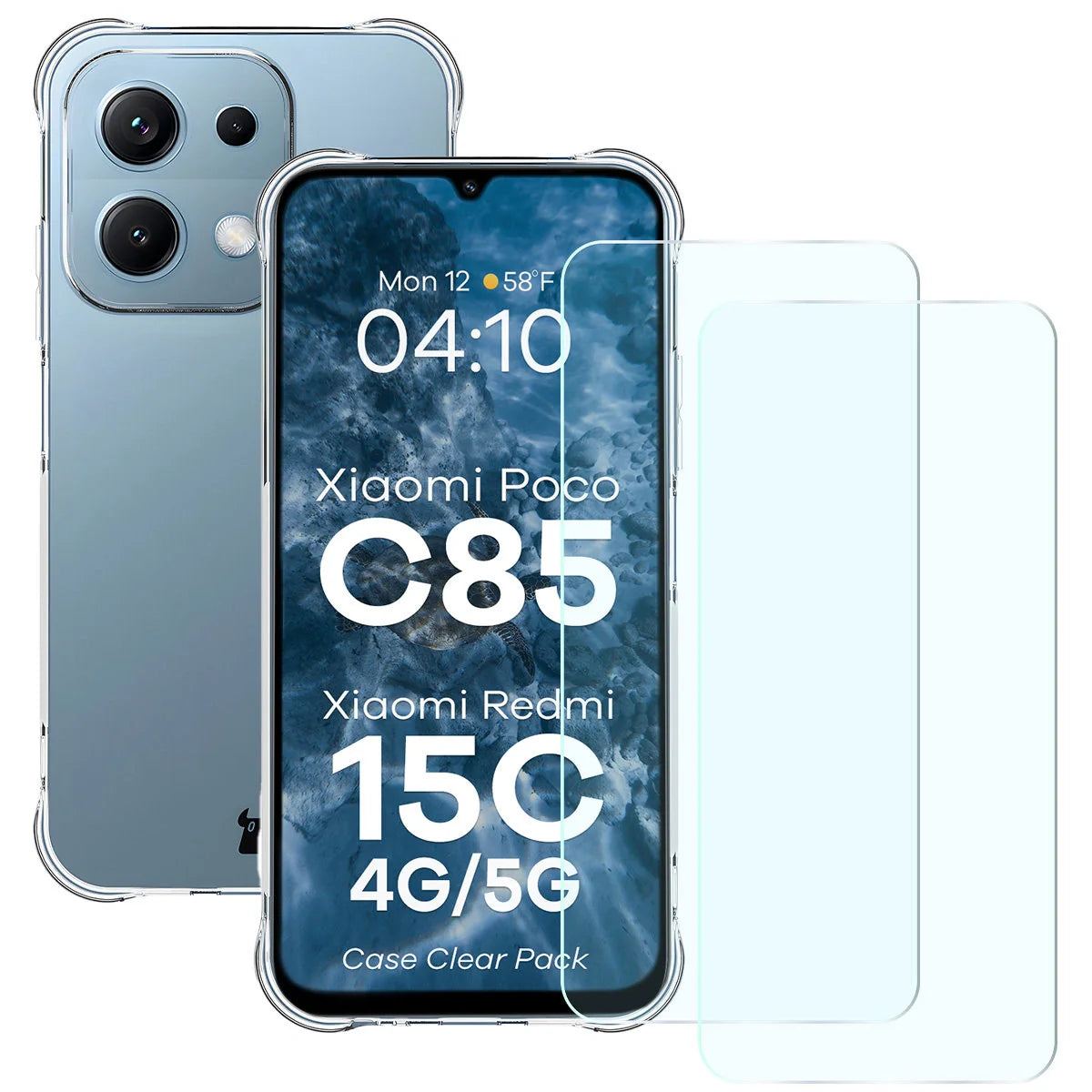 Schutzhülle + 2x gehärtetes Glas für Xiaomi Redmi 15C 4G / 5G / POCO C85 4G, Bizon Case Clear Pack, Transparent