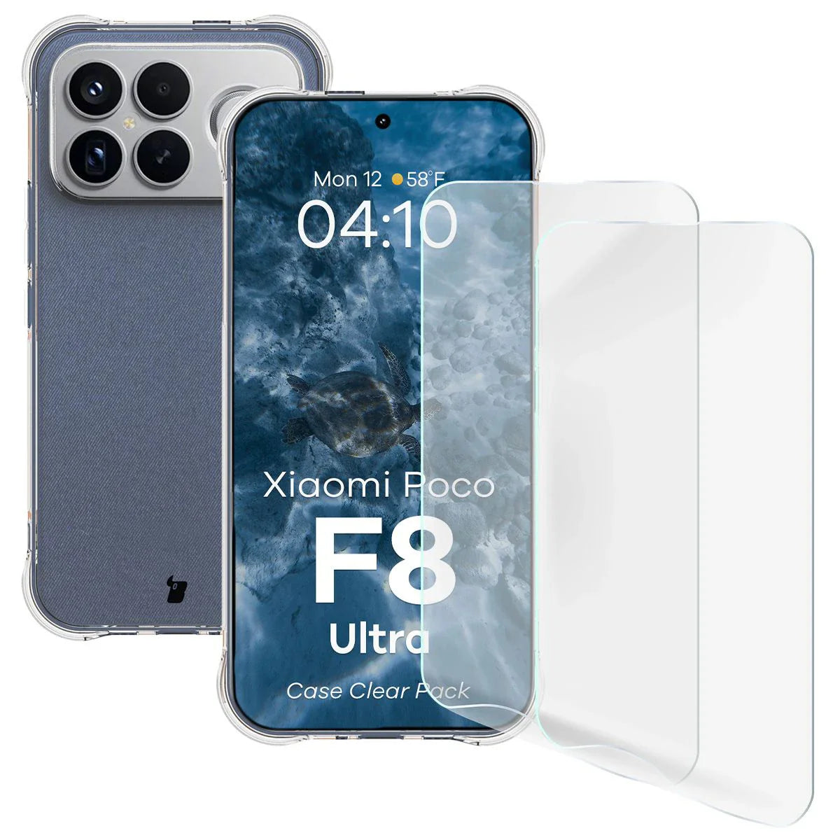 Handyhülle + 2x Folie für Xiaomi POCO F8 Ultra, Bizon Case Clear Pack, Transparent