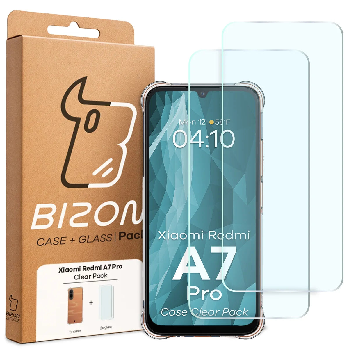 Schutzhülle + 2x gehärtetes Glas für Xiaomi Redmi A7 Pro, Bizon Case Clear Pack, Transparent