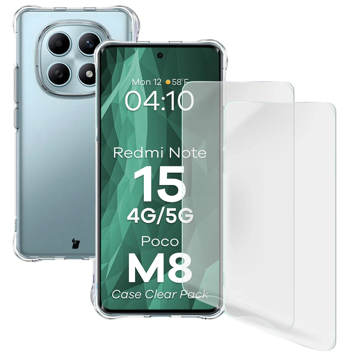 Handyhülle + 2x Folie für Xiaomi Redmi Note 15 / POCO M8 5G, Bizon Case Clear Pack, Transparent