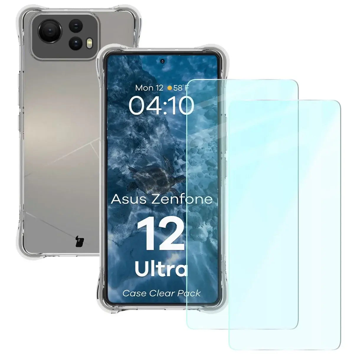 Schutzhülle + 2x gehärtetes Glas für Asus Zenfone 12 Ultra, Bizon Case Clear Pack, Transparent