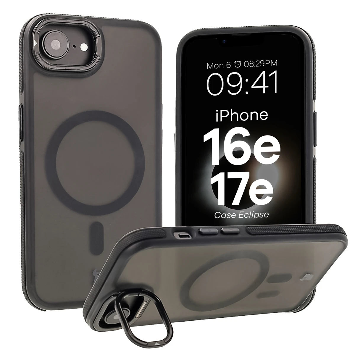 Handyhülle mit Ständer und Magnetring für iPhone 17e / 16e, Bizon Case Eclipse, Getönte mit schwarzem Rahmen