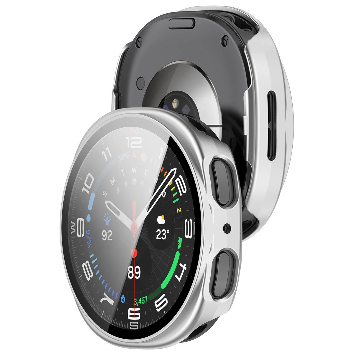 Schutzhülle mit Glas für Samsung Galaxy Watch 9 / 8 44 mm, Bizon Case Watch Adamo, Silber