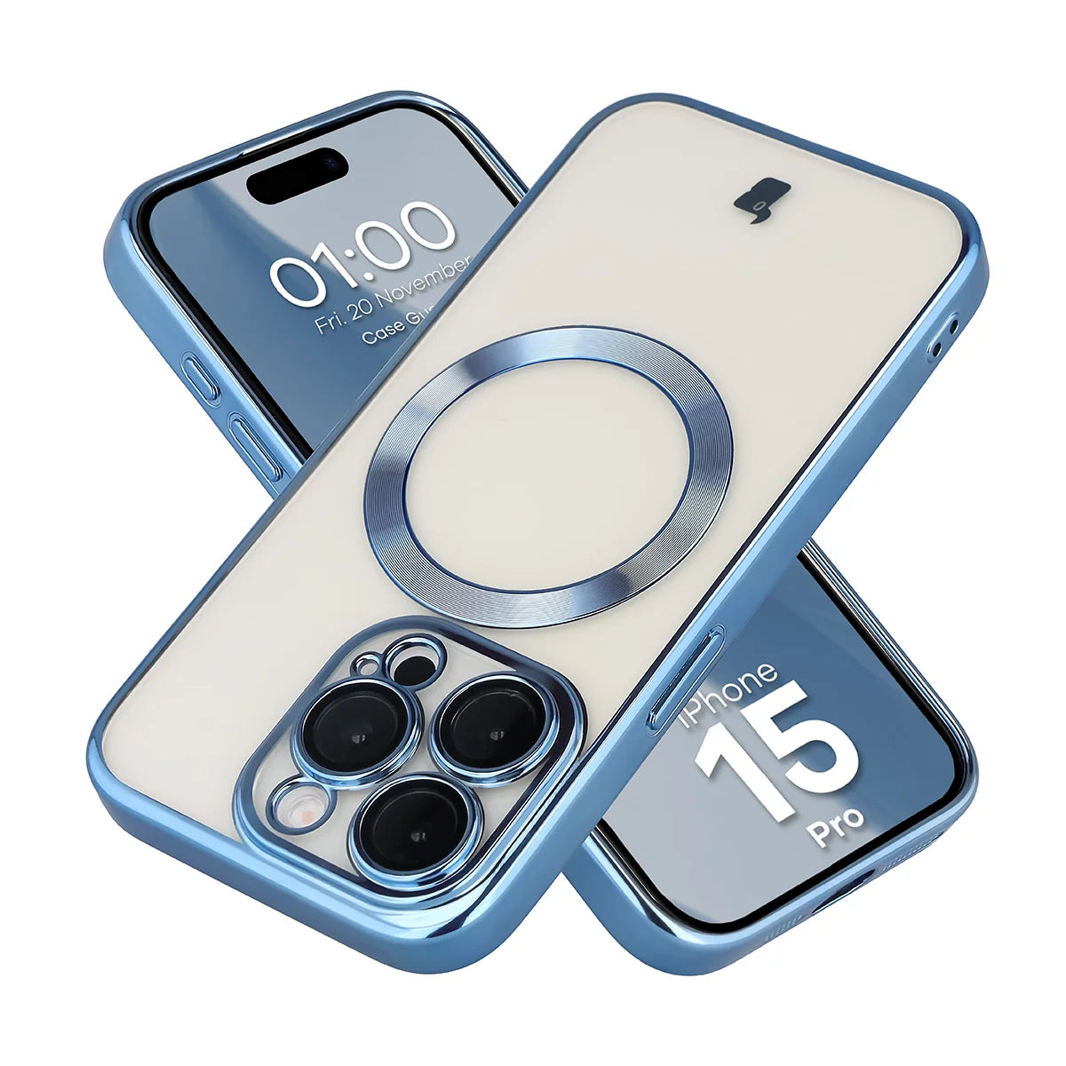 Handyhülle mit Kameraschutz und Magnetring für iPhone 15 Pro, Bizon Case GuardO, Transparent-Blau
