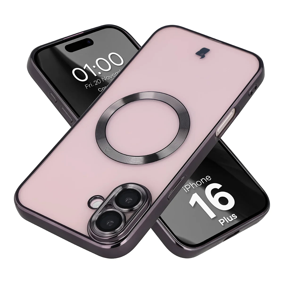 Handyhülle mit Kameraschutz und Magnetring für iPhone 16 Plus, Bizon Case GuardO, Transparent-Schwarz