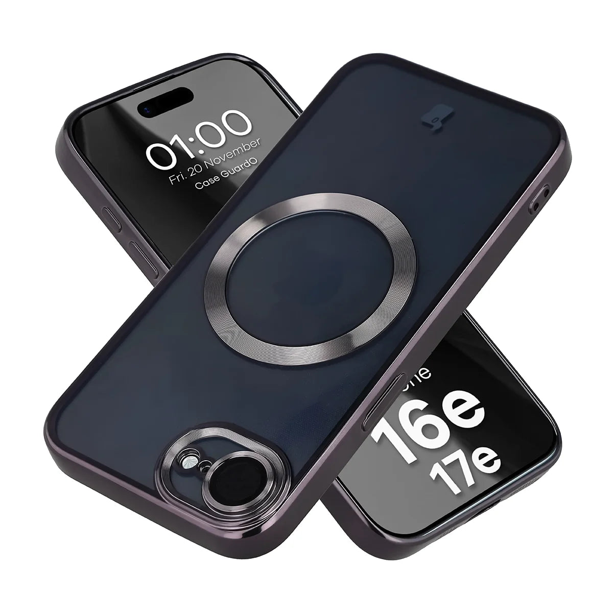 Handyhülle mit Kameraschutz und Magnetring für iPhone 17e / 16e, Bizon Case GuardO, Transparent-Schwarz