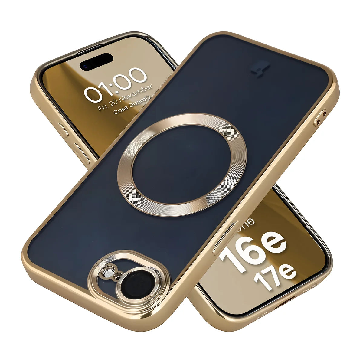 Handyhülle mit Kameraschutz und Magnetring für iPhone 17e / 16e, Bizon Case GuardO, Transparent-Golden