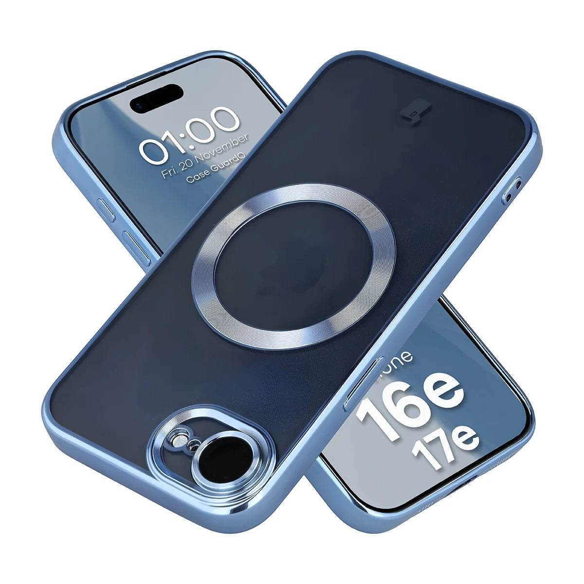 Handyhülle mit Kameraschutz und Magnetring für iPhone 17e / 16e, Bizon Case GuardO, Transparent-Blau