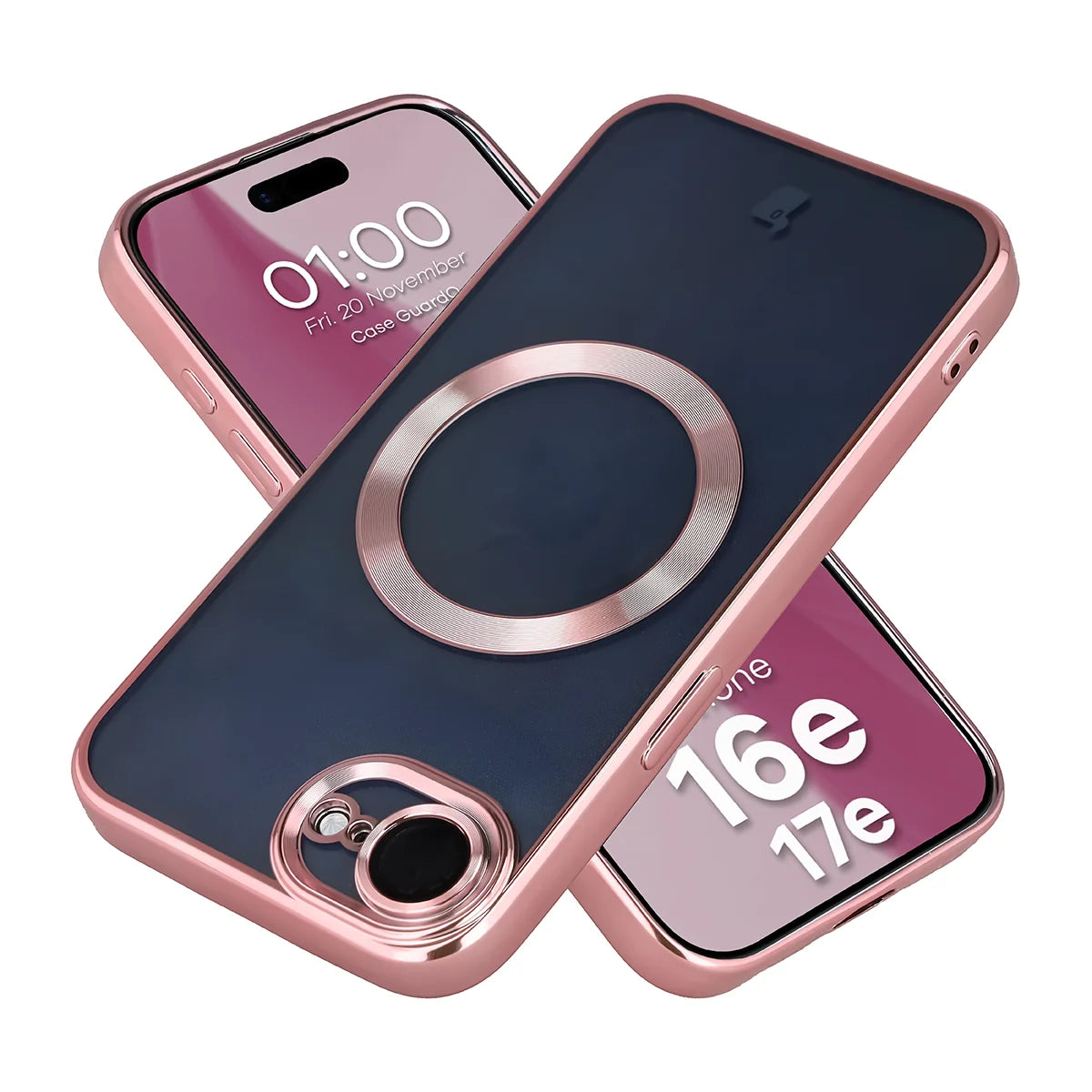 Handyhülle mit Kameraschutz und Magnetring für iPhone 17e / 16e, Bizon Case GuardO, Transparent-Rosa