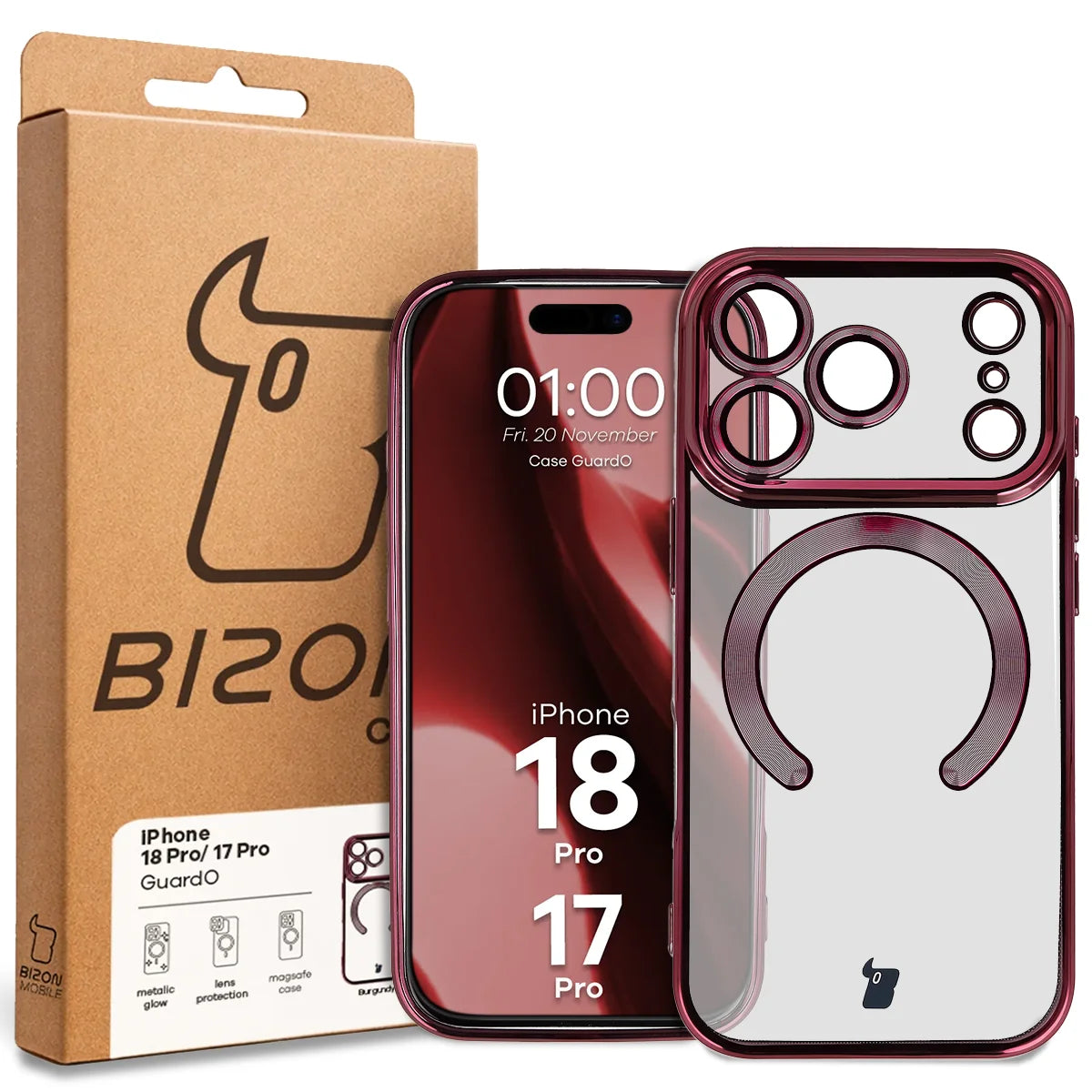 Handyhülle mit Kameraschutz und Magnetring für iPhone 18 Pro / 17 Pro, Bizon Case GuardO, Burgunderrot (5/5)