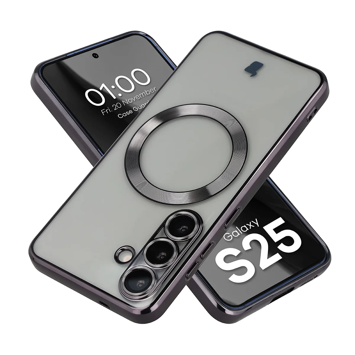 Handyhülle mit Kameraschutz und Magnetring für Galaxy S25, Bizon Case GuardO, Transparent-Schwarz