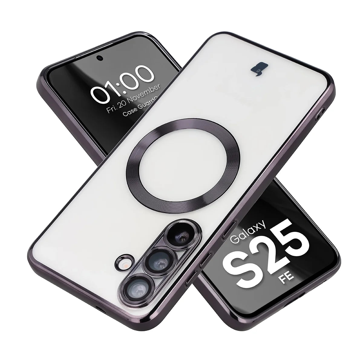 Handyhülle mit Kameraschutz und Magnetring für Galaxy S25 FE, Bizon Case GuardO, Transparent-Schwarz