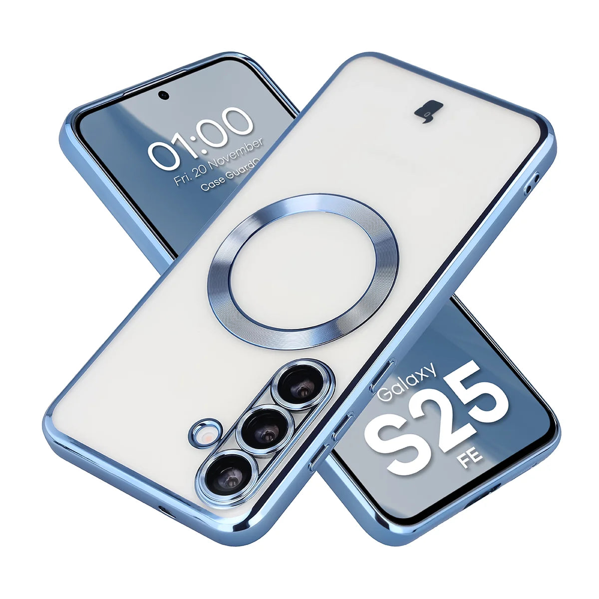 Handyhülle mit Kameraschutz und Magnetring für Galaxy S25 FE, Bizon Case GuardO, Transparent-Blau