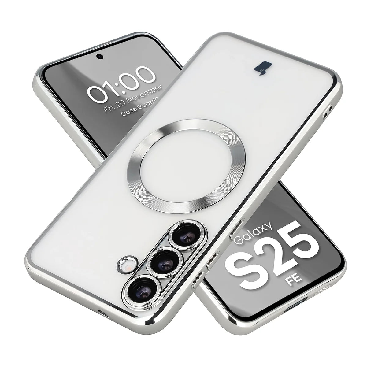 Handyhülle mit Kameraschutz und Magnetring für Galaxy S25 FE, Bizon Case GuardO, Transparent-Silbern