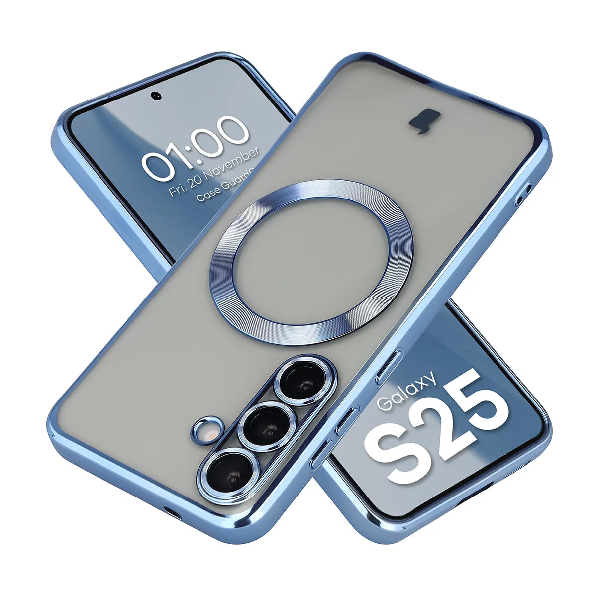 Handyhülle mit Kameraschutz und Magnetring für Galaxy S25, Bizon Case GuardO, Transparent-Blau