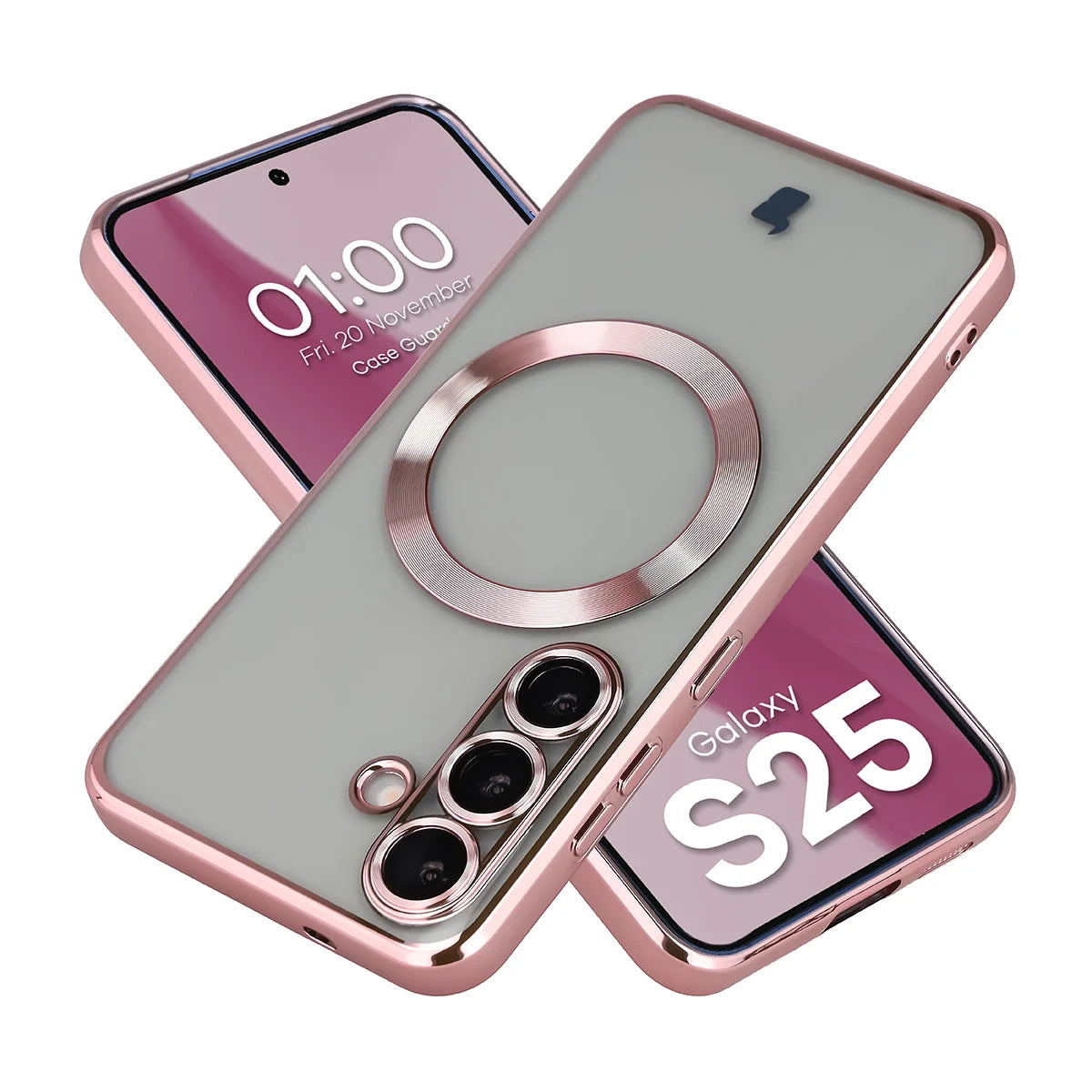 Handyhülle mit Kameraschutz und Magnetring für Galaxy S25, Bizon Case GuardO, Transparent-Rosa