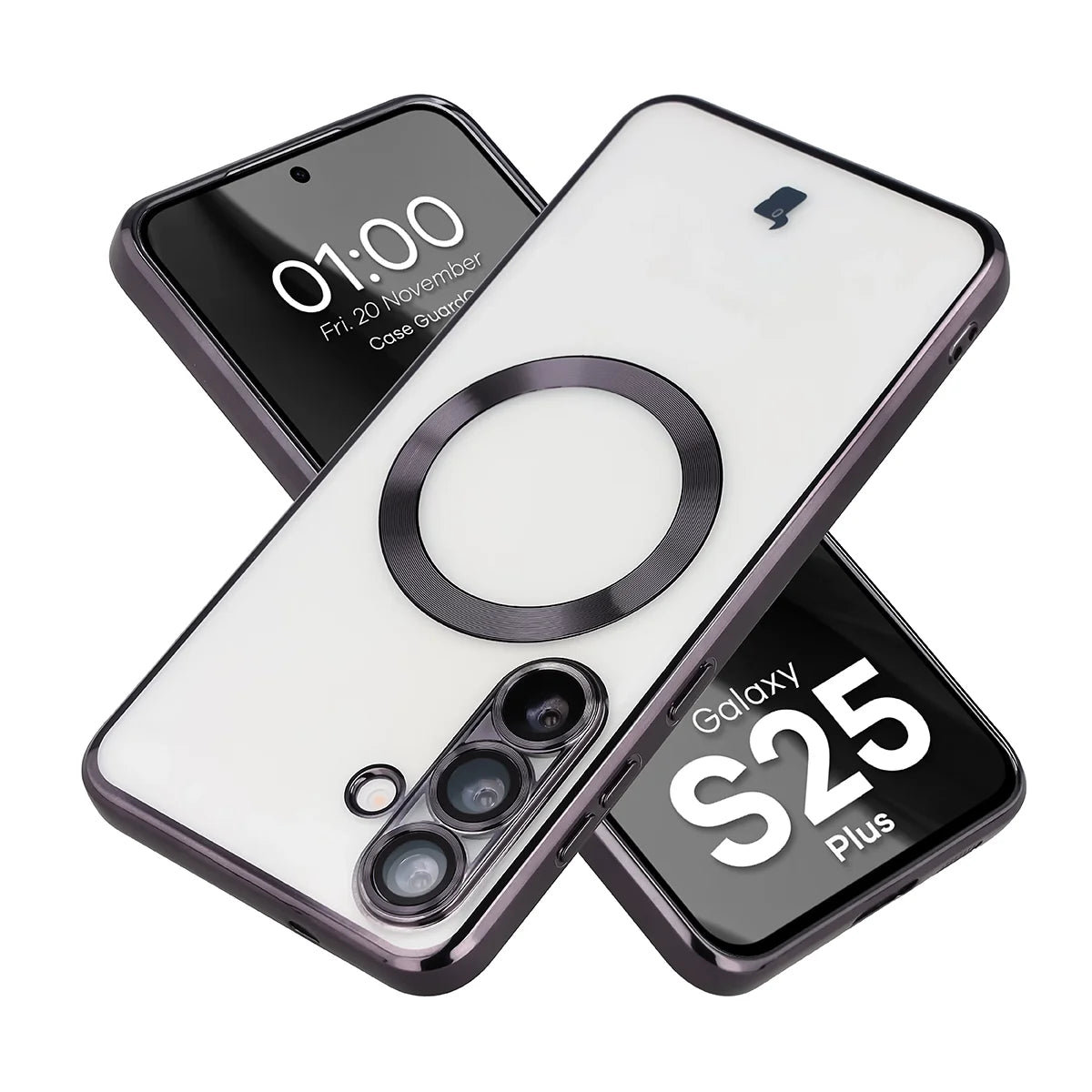 Handyhülle mit Kameraschutz und Magnetring für Galaxy S25 Plus, Bizon Case GuardO, Transparent-Schwarz