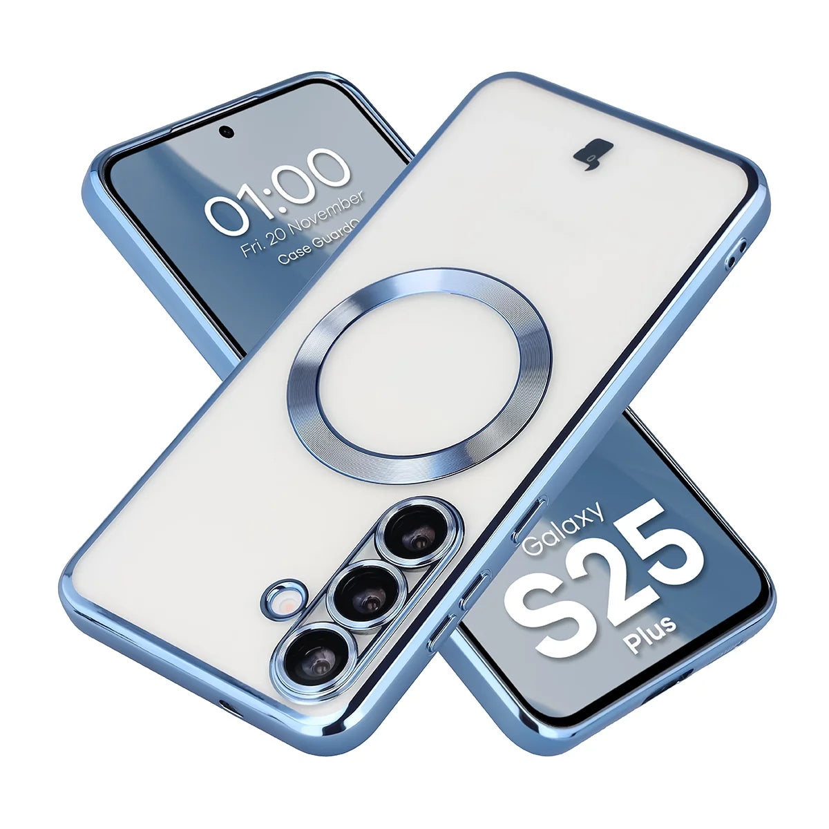 Handyhülle mit Kameraschutz und Magnetring für Galaxy S25 Plus, Bizon Case GuardO, Transparent-Blau