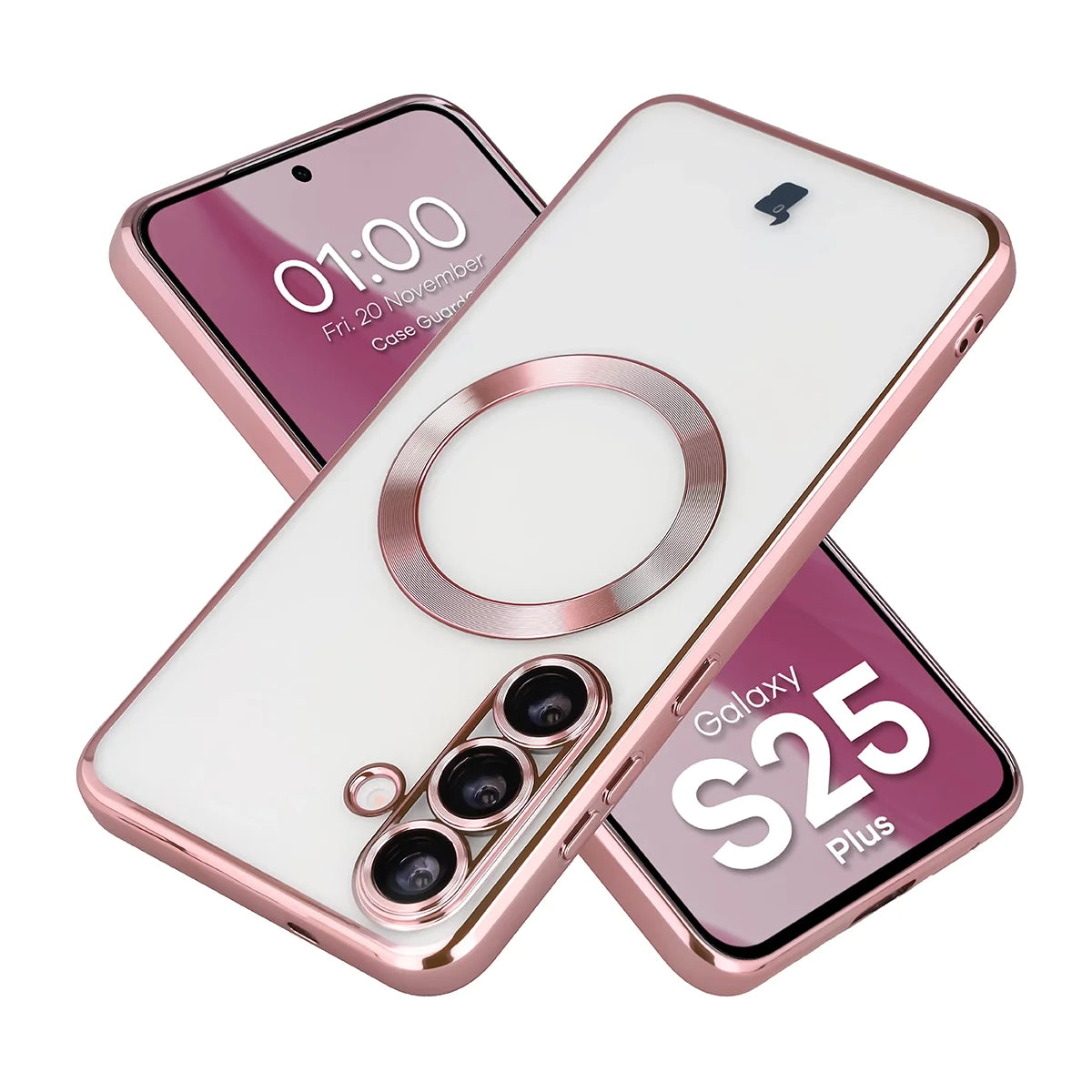 Handyhülle mit Kameraschutz und Magnetring für Galaxy S25 Plus, Bizon Case GuardO, Transparent-Rosa