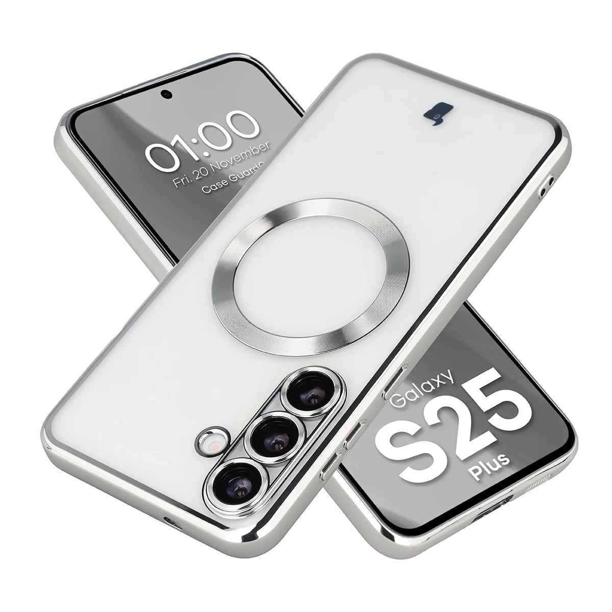 Handyhülle mit Kameraschutz und Magnetring für Galaxy S25 Plus, Bizon Case GuardO, Transparent-Silbern