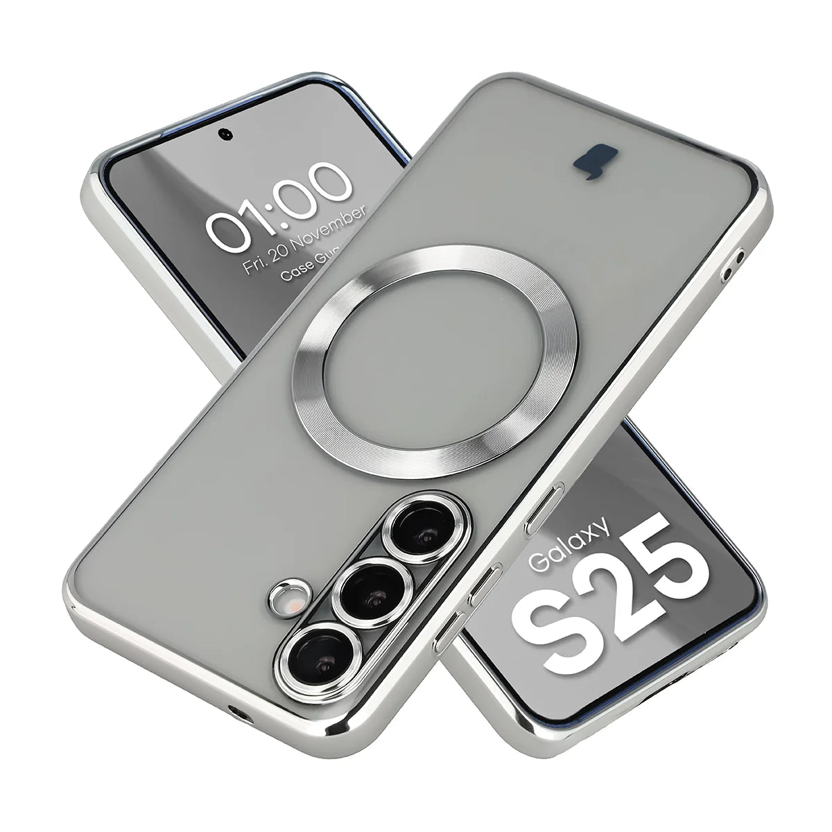 Handyhülle mit Kameraschutz und Magnetring für Galaxy S25, Bizon Case GuardO, Transparent-Silbern