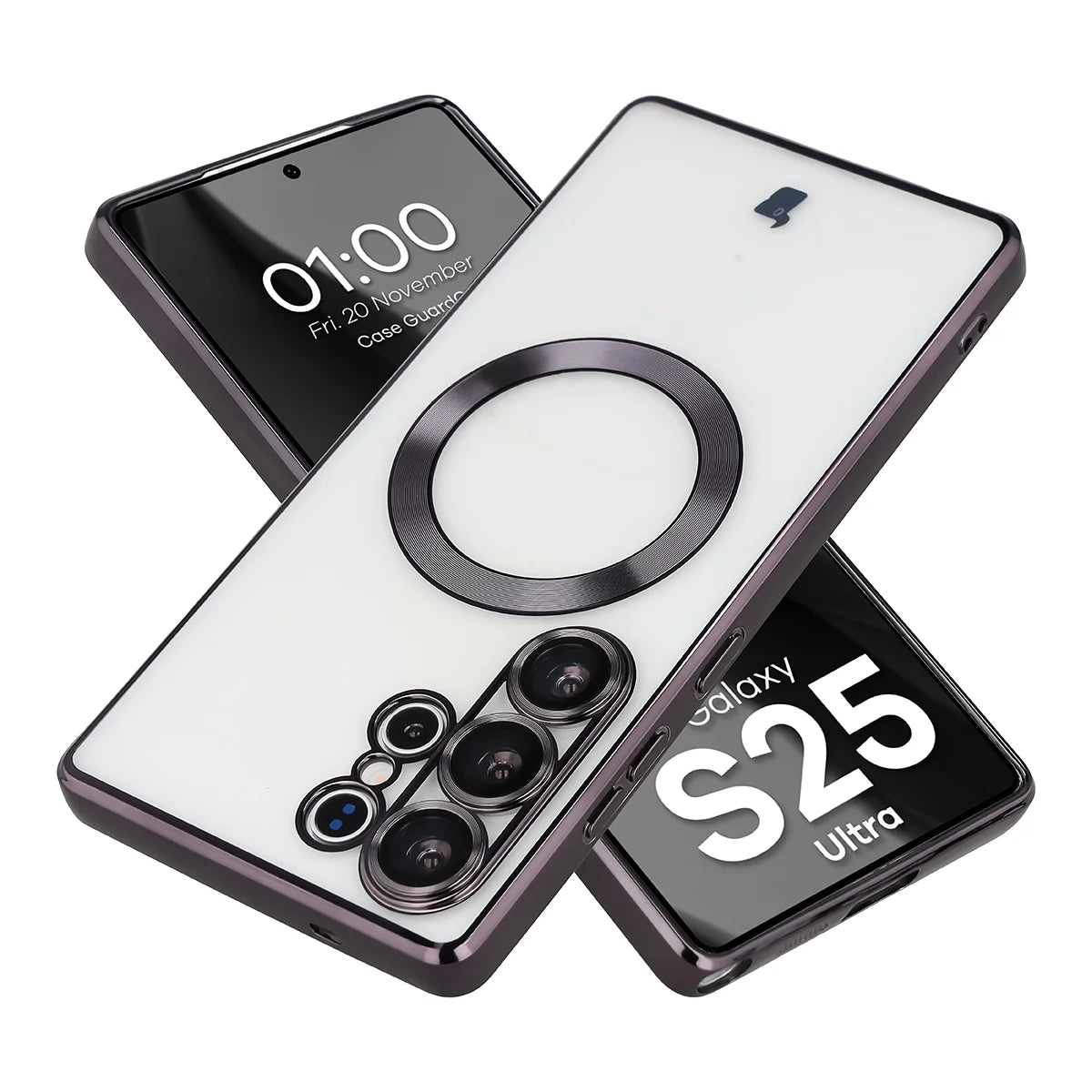 Handyhülle mit Kameraschutz und Magnetring für Galaxy S25 Ultra, Bizon Case GuardO, Transparent-Schwarz