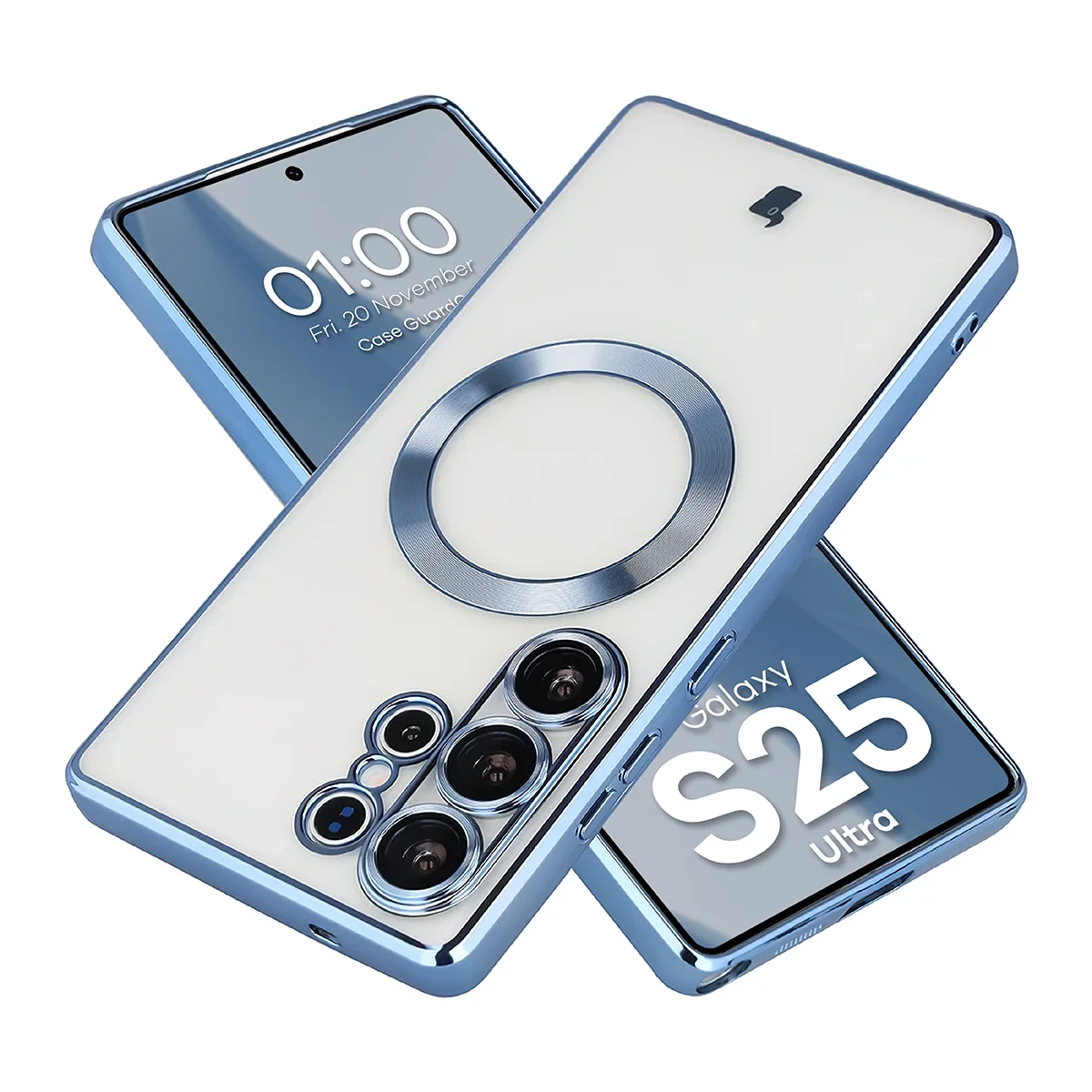Handyhülle mit Kameraschutz und Magnetring für Galaxy S25 Ultra, Bizon Case GuardO, Transparent-Blau